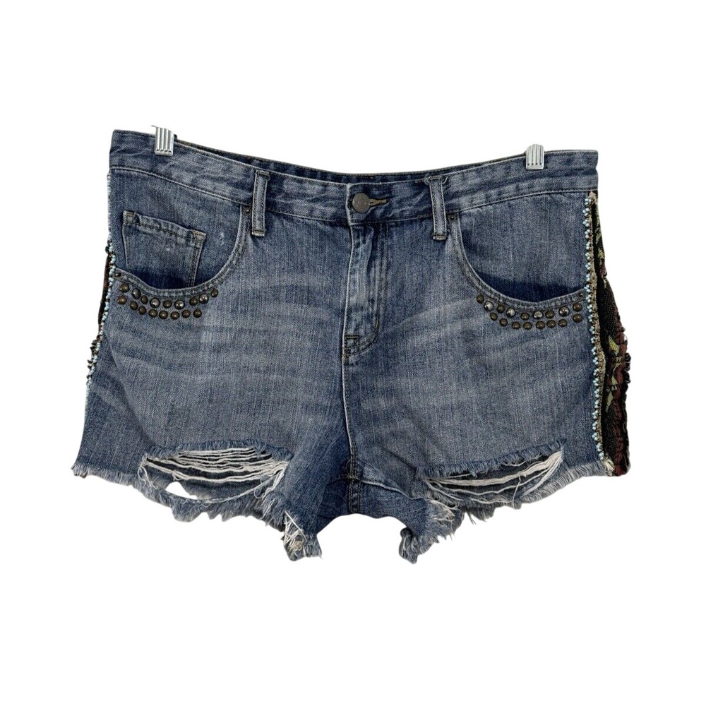 BDG Women Shorts 32 Blue Denim Cut Off Studded Mid Rise Freja Vintage Fit